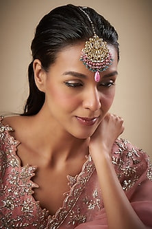 Gold Finish Pink Natural Stone Meenakari Maang Tikka