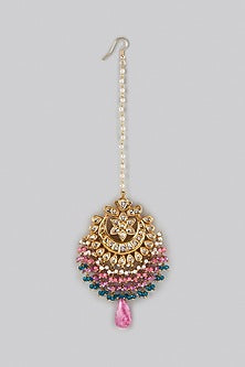 Gold Finish Pink Natural Stone Meenakari Maang Tikka