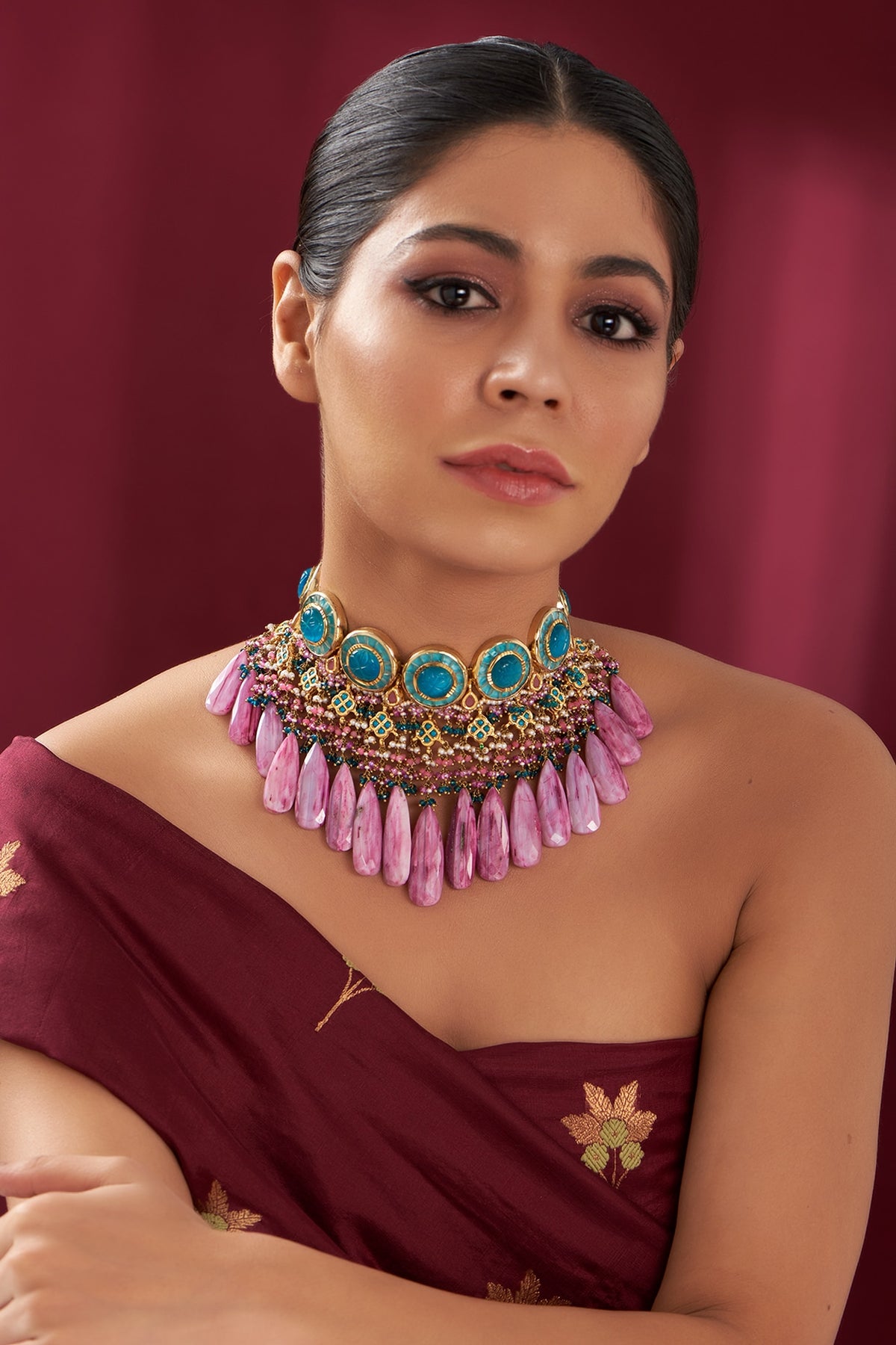 Gold Finish Pink Amethyst & Natural Stone Meenakari Choker Necklace