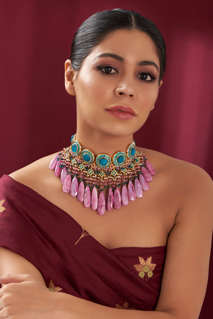Gold Finish Pink Amethyst & Natural Stone Meenakari Choker Necklace