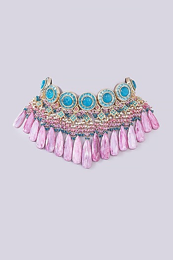 Gold Finish Pink Amethyst & Natural Stone Meenakari Choker Necklace