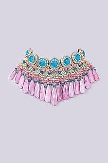 Gold Finish Pink Amethyst & Natural Stone Meenakari Choker Necklace