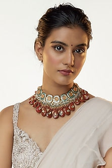 Gold Finish Brown Kundan Polki & Natural Stone Meenakari Necklace