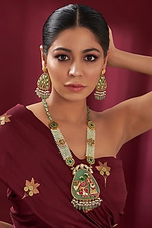Gold Finish Green Jade Radha Krishna Motif Long Necklace set