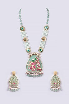 Gold Finish Green Jade Radha Krishna Motif Long Necklace set