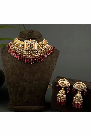 Gold Finish Ruby Glass Stone Choker Necklace Set