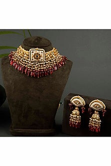Gold Finish Ruby Glass Stone Choker Necklace Set