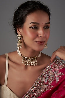 Gold Finish Kundan Polki & Semi-Precious Stone Meenakari Choker Necklace Set
