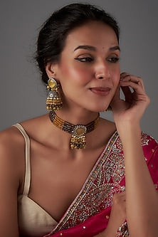 Black Rhodium Finish Kundan Polki Victorian Necklace Set