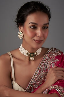Gold Finish Kundan Polki & Semi-Precious Stone Meenakari Choker Necklace Set