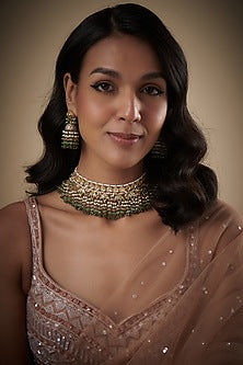 Gold Finish Kundan Polki & Natural Stone Meenakari Choker Necklace Set