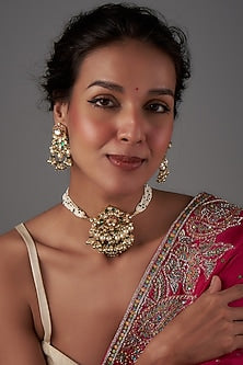 Gold Finish Pachi Kundan Polki Choker Necklace Set