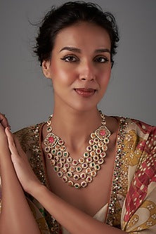 Gold Finish Kundan Polki & Natural Stone Meenakari Long Necklace