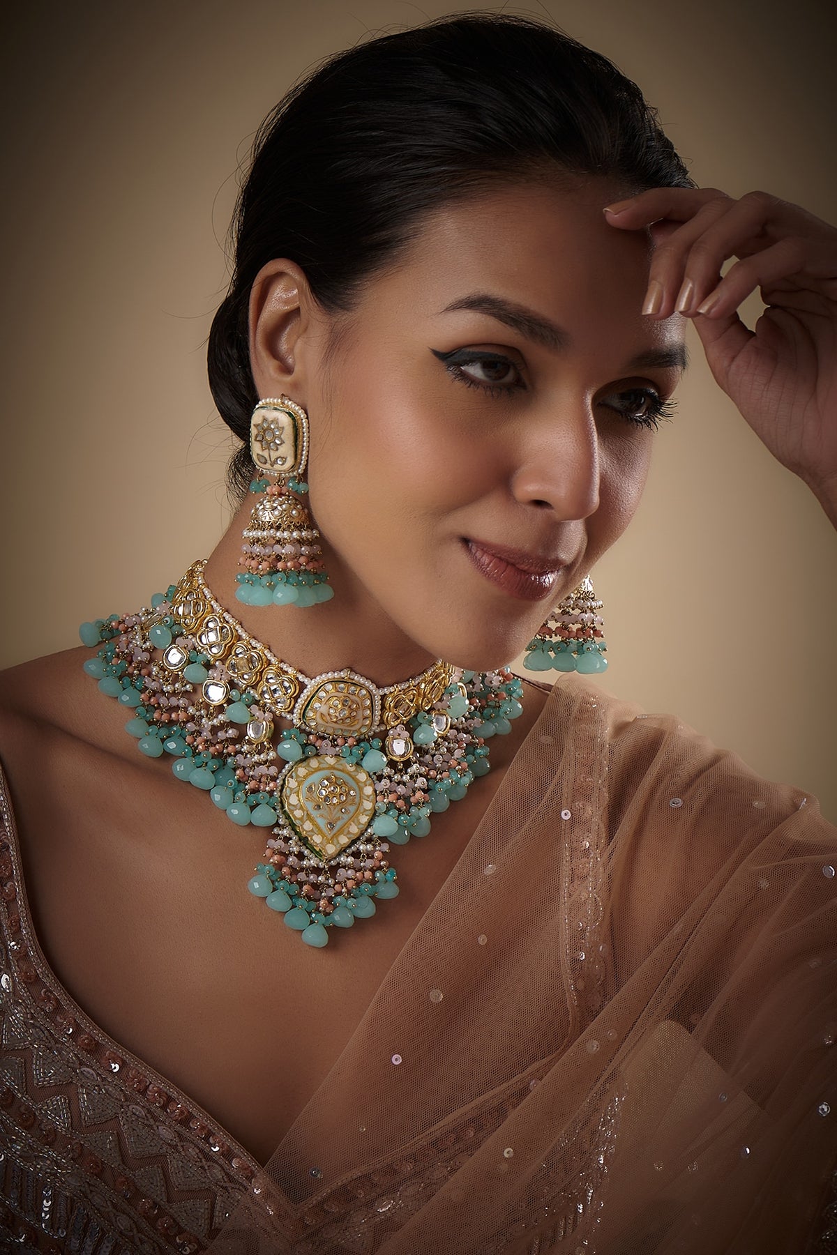Gold Finish Agate & Natural Stone Meenakari Choker Necklace Set