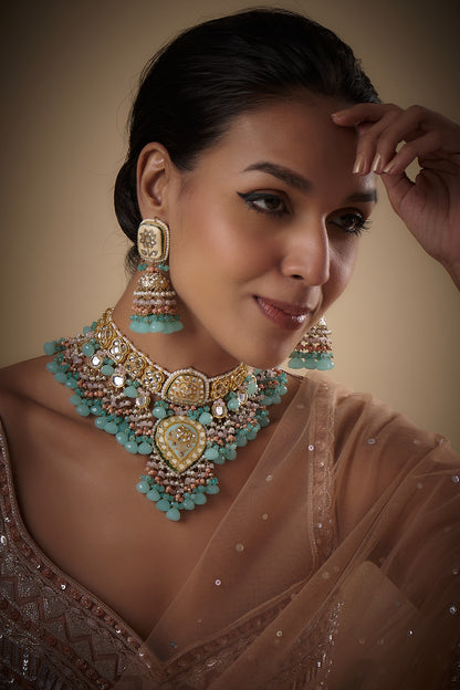 Gold Finish Agate & Natural Stone Meenakari Choker Necklace Set