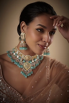 Gold Finish Agate & Natural Stone Meenakari Choker Necklace Set