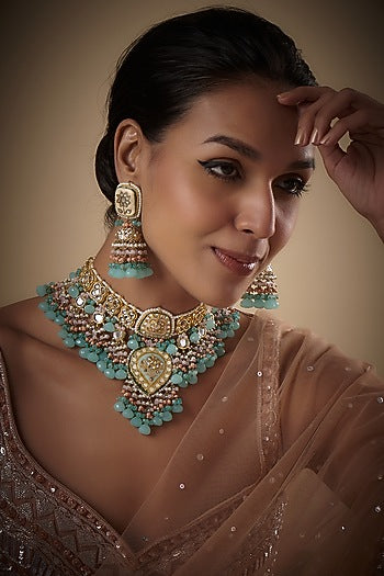 Gold Finish Agate & Natural Stone Meenakari Choker Necklace Set