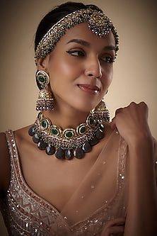 Gold Finish Agate & Natural Green Stone Meenakari Choker Necklace Set