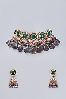 Gold Finish Agate & Natural Green Stone Meenakari Choker Necklace Set