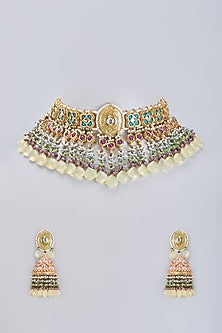 Gold Finish Agate & Natural Stone Meenakari Choker Necklace Set