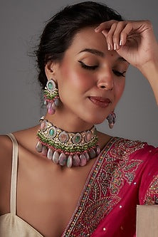 Gold Finish Agate & Kundan Polki Victorian Choker Necklace Set