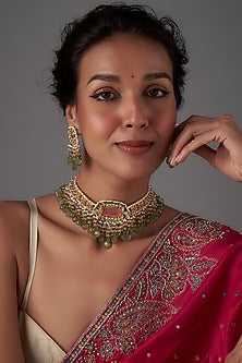 Gold Finish Kundan Polki & Natural Stone Meenakari Choker Necklace Set