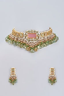 Gold Finish Kundan Polki & Natural Stone Meenakari Choker Necklace Set