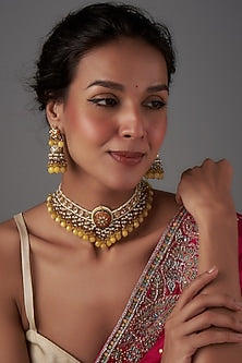Gold Finish Kundan Polki & Natural Stone Meenakari Choker Necklace Set