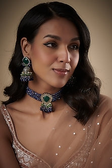 Black Rhodium Finish Agate & Kundan Polki Victorian Choker Necklace Set