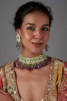 Gold Finish Amethyst & Natural Stone Choker Necklace Set
