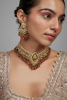 Gold Finish Brown Agate Stone & Pearl Meenakari Choker Necklace Set
