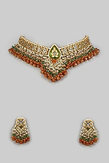 Gold Finish Brown Agate Stone & Pearl Meenakari Choker Necklace Set