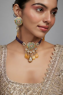 Gold Finish Purple Agate Stone & Pearl Meenakari Choker Necklace Set