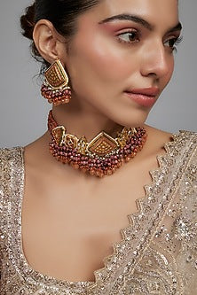 Gold Finish Orange Agate Stone & Pearl Meenakari Choker Necklace Set