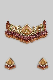 Gold Finish Orange Agate Stone & Pearl Meenakari Choker Necklace Set