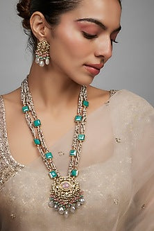 Two Tone Finish Agate Stone & Kundan Polki Mala Necklace Set