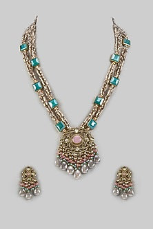 Two Tone Finish Agate Stone & Kundan Polki Mala Necklace Set