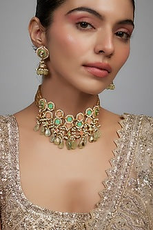 Gold Finish Pink Agate Stone & Pearl Meenakari Choker Necklace Set