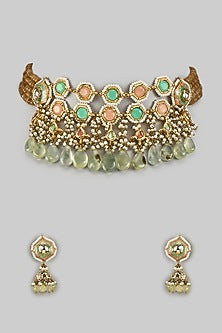Gold Finish Pink Agate Stone & Pearl Meenakari Choker Necklace Set