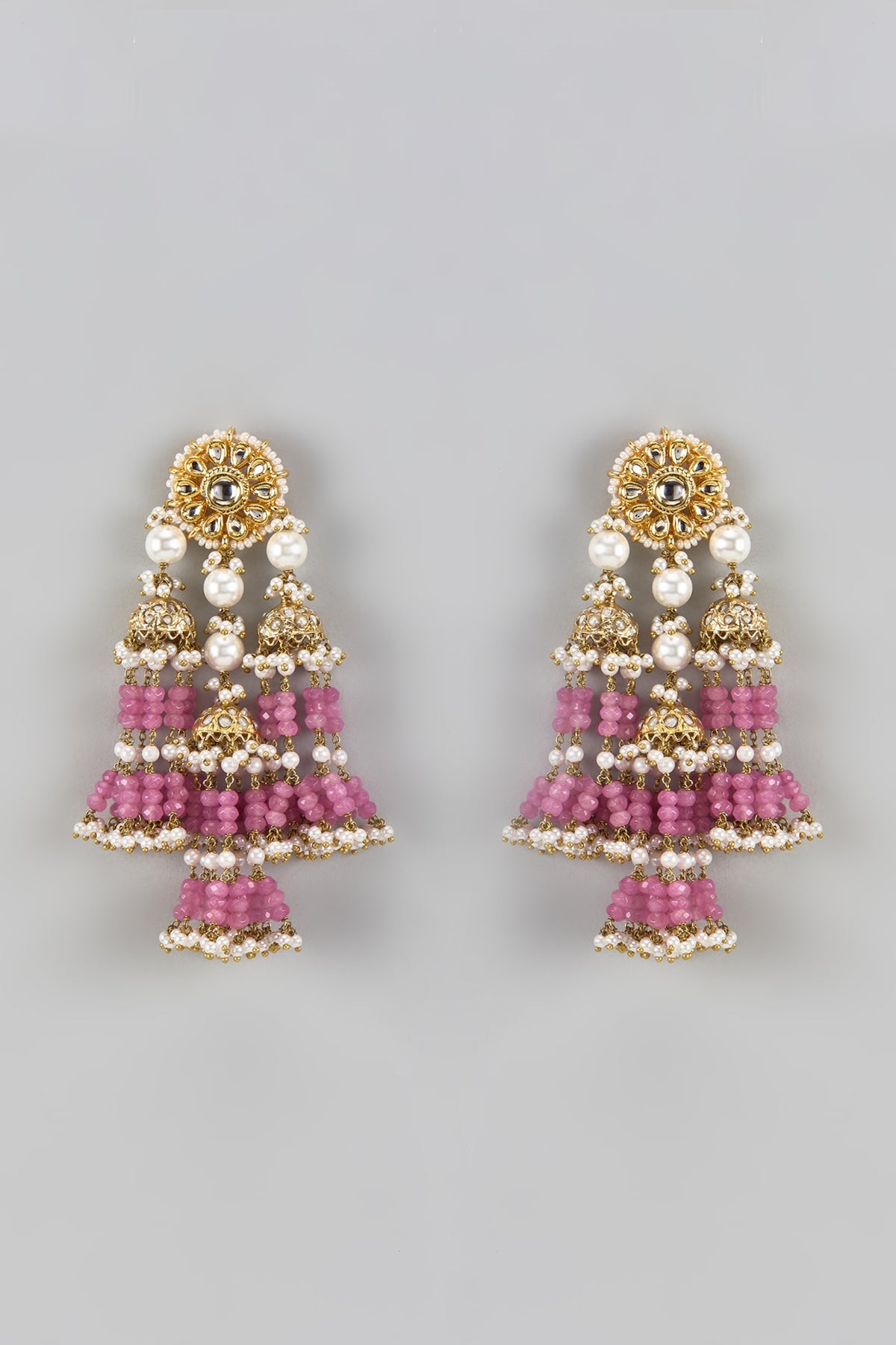 Gold Finish Pink Agate Stone & Beaded Meenakari Dangler Earrings