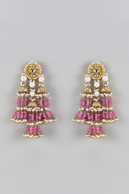 Gold Finish Pink Agate Stone & Beaded Meenakari Dangler Earrings
