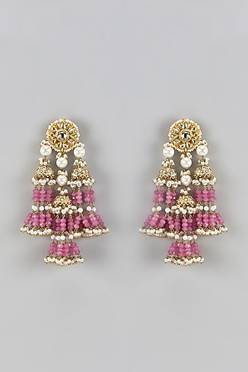 Gold Finish Pink Agate Stone & Beaded Meenakari Dangler Earrings