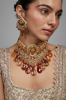 Gold Finish Orange Agate Stone & Pearl Meenakari Choker Necklace Set