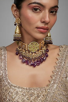 Gold Finish Purple Agate Stone & Pearl Meenakari Choker Necklace Set