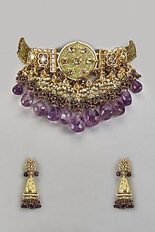 Gold Finish Purple Agate Stone & Pearl Meenakari Choker Necklace Set