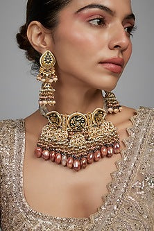 Gold Finish Blue Agate Stone & Pearl Meenakari Choker Necklace Set