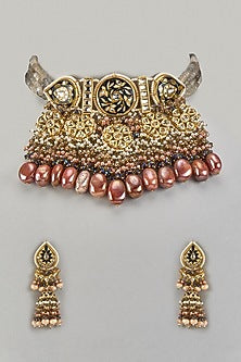 Gold Finish Blue Agate Stone & Pearl Meenakari Choker Necklace Set