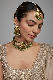 Gold Finish Green Agate Stone & Pearl Meenakari Choker Necklace Set
