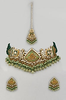 Gold Finish Green Agate Stone & Pearl Meenakari Choker Necklace Set