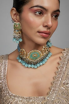 Gold Finish Blue Agate Stone & Pearl Meenakari Choker Necklace Set